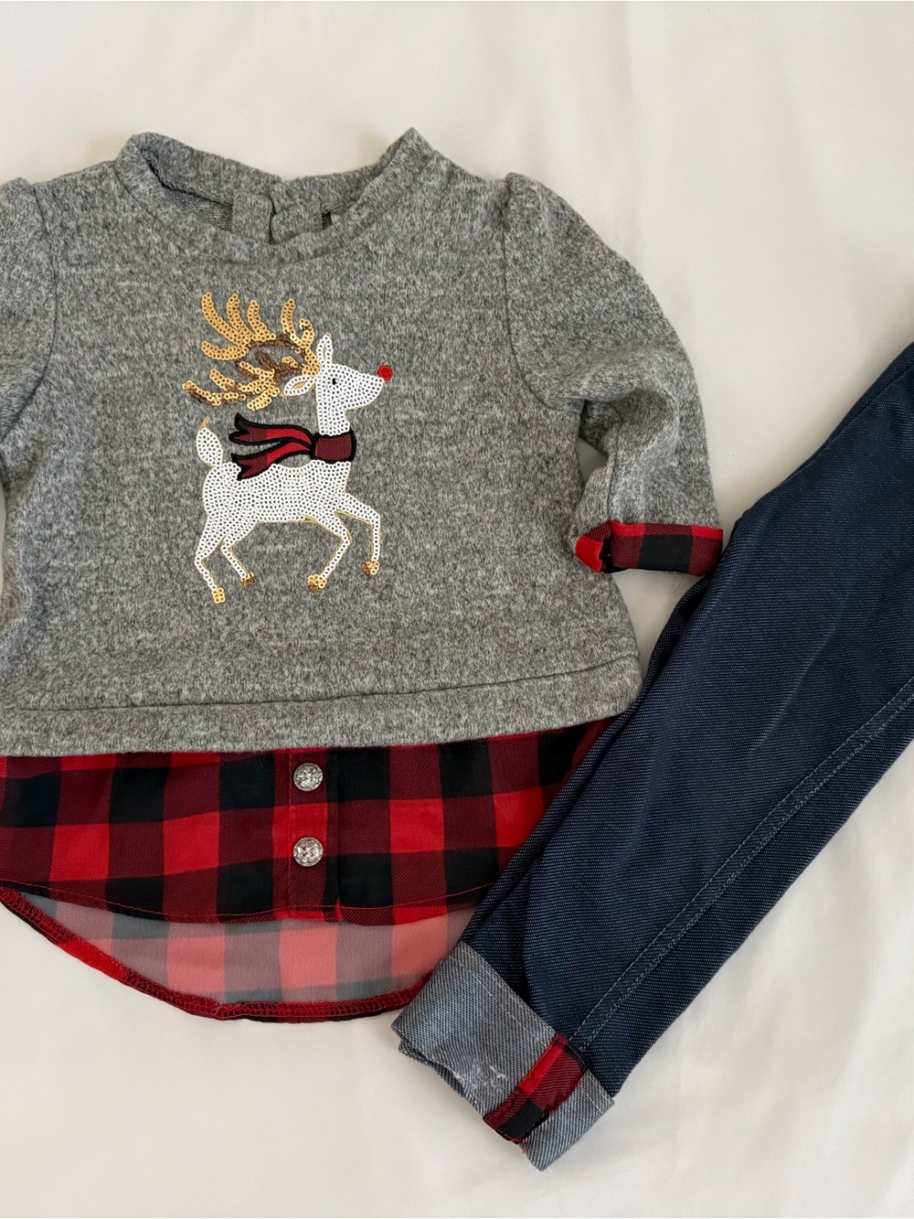 Little Lass Gray Sweatshirt Set with Red Buffalo Plaid & Navy Leggings